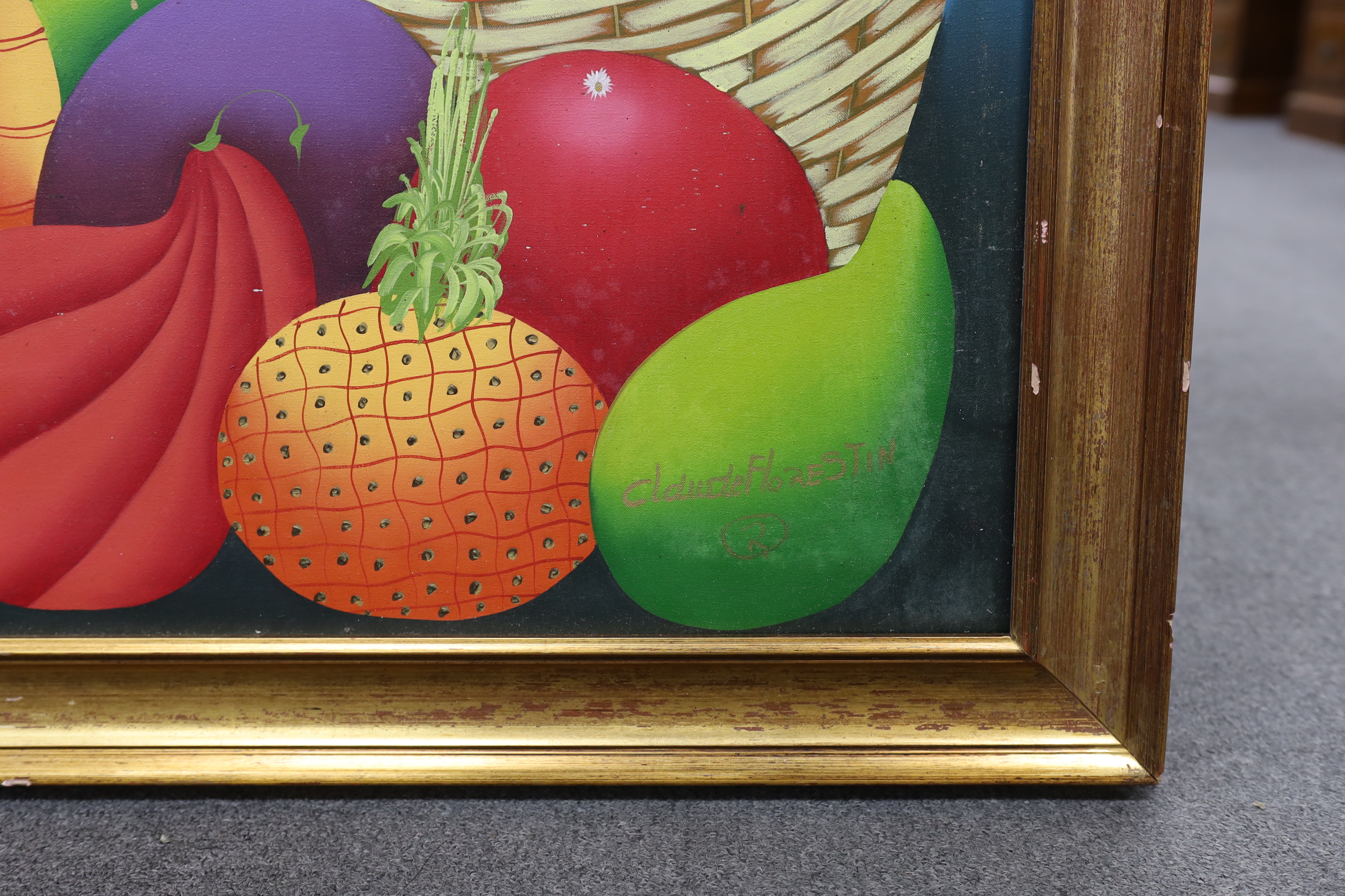 Claude Florestin (Haitian, 20th. C), large oil on canvas, Figures and fruit, signed, 98 x 150cm